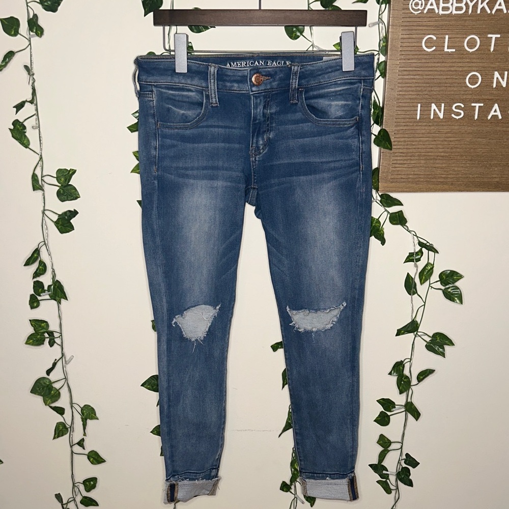 American Eagle Super Low Jegging Cuffed Distressed Jeans 360 Super Stretch